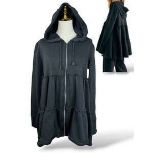 Free People Black Tiered Ruffle Zip Up Hoodie Sweatshirt OB1015164 Womens Medium